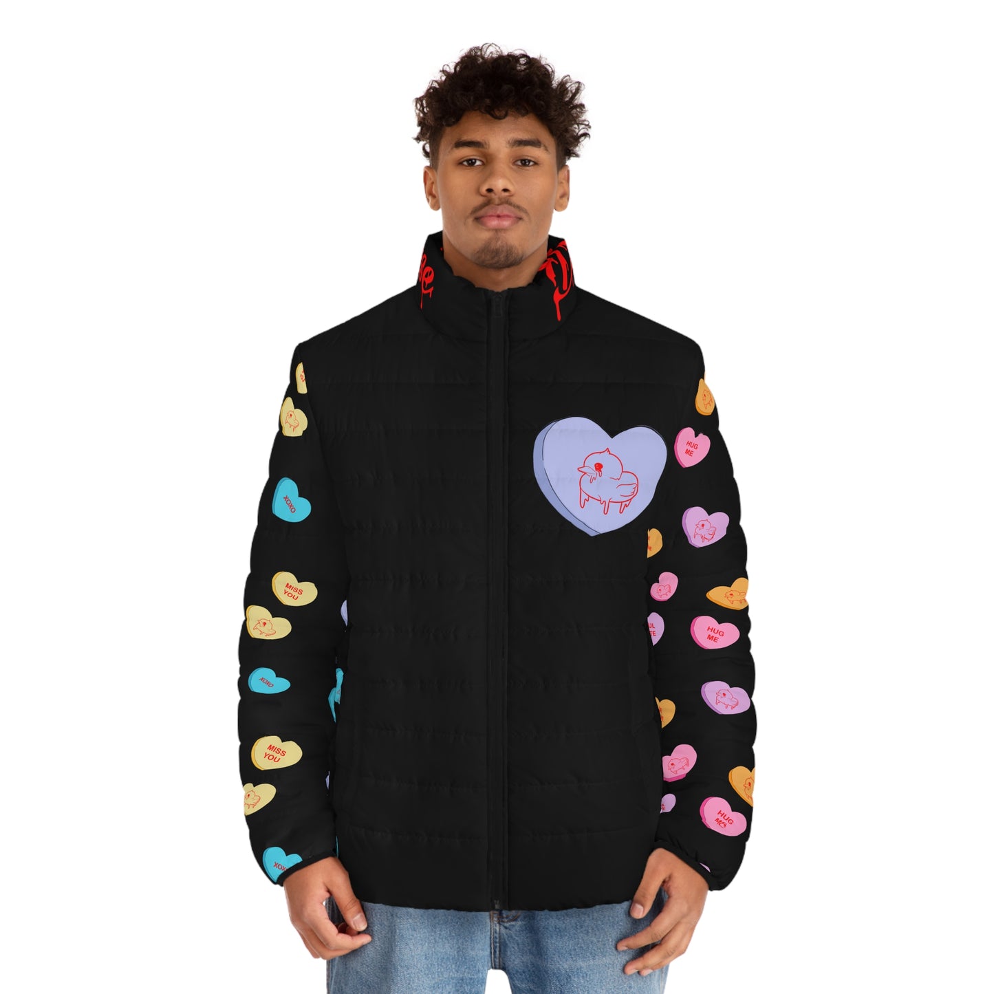 Valentine Pink Sawse Men's Puffer Jacket (AOP)
