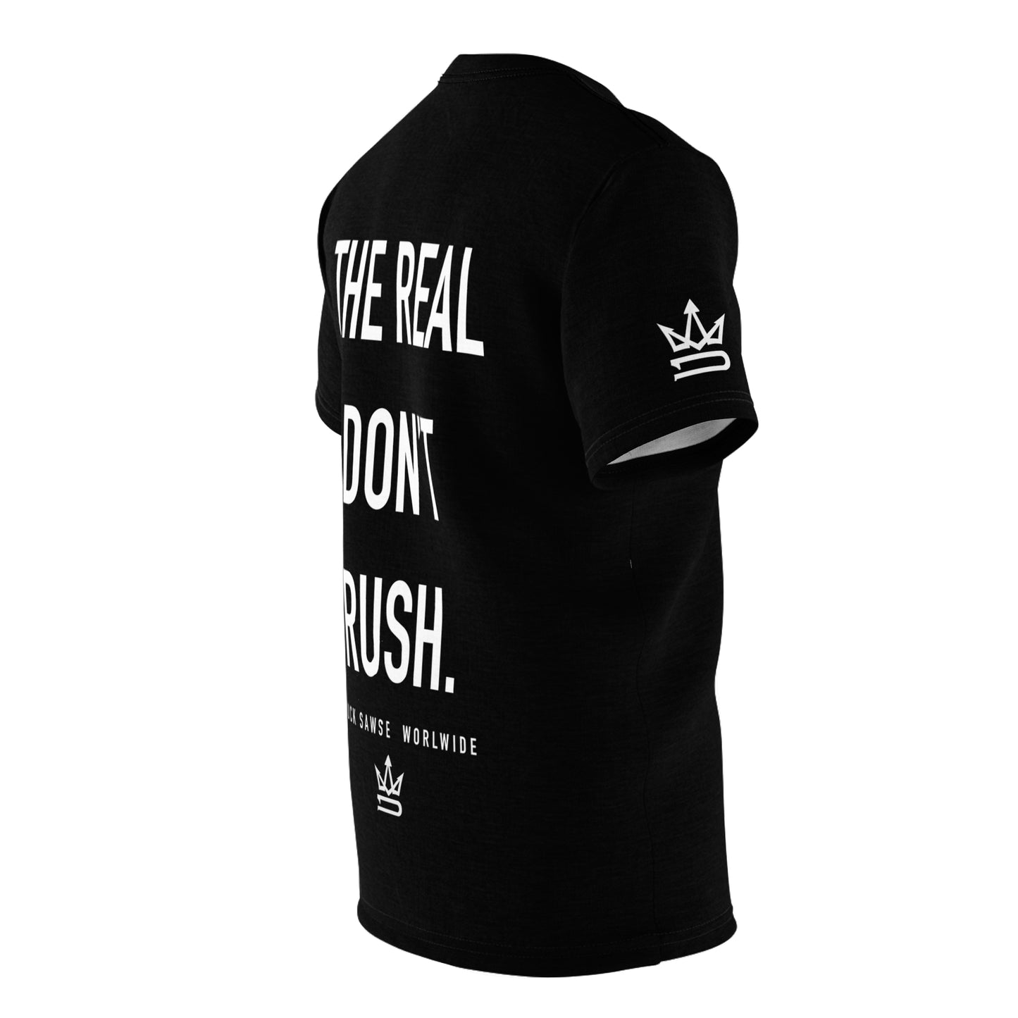 Black Minimalist Tee — Subtle Chest Text "The Real Don’t Rush."