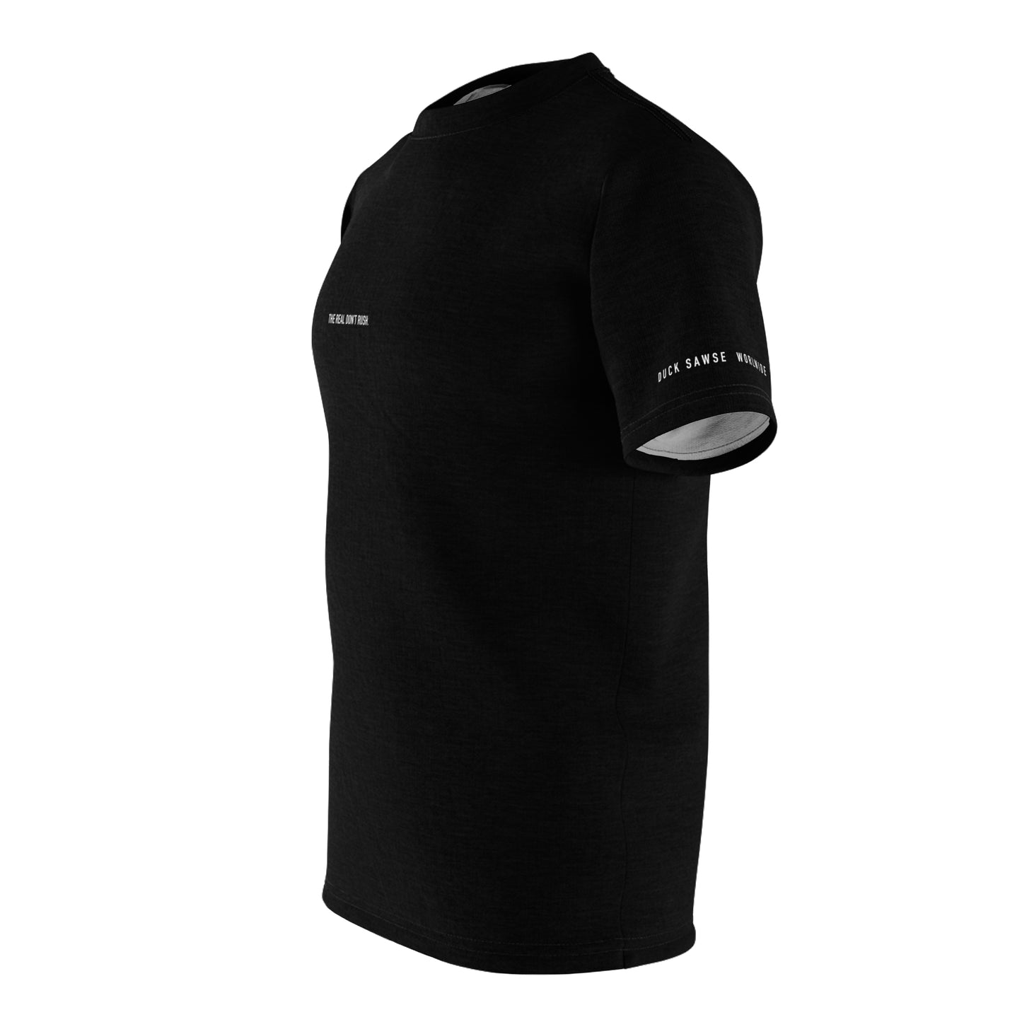Black Minimalist Tee — Subtle Chest Text "The Real Don’t Rush."
