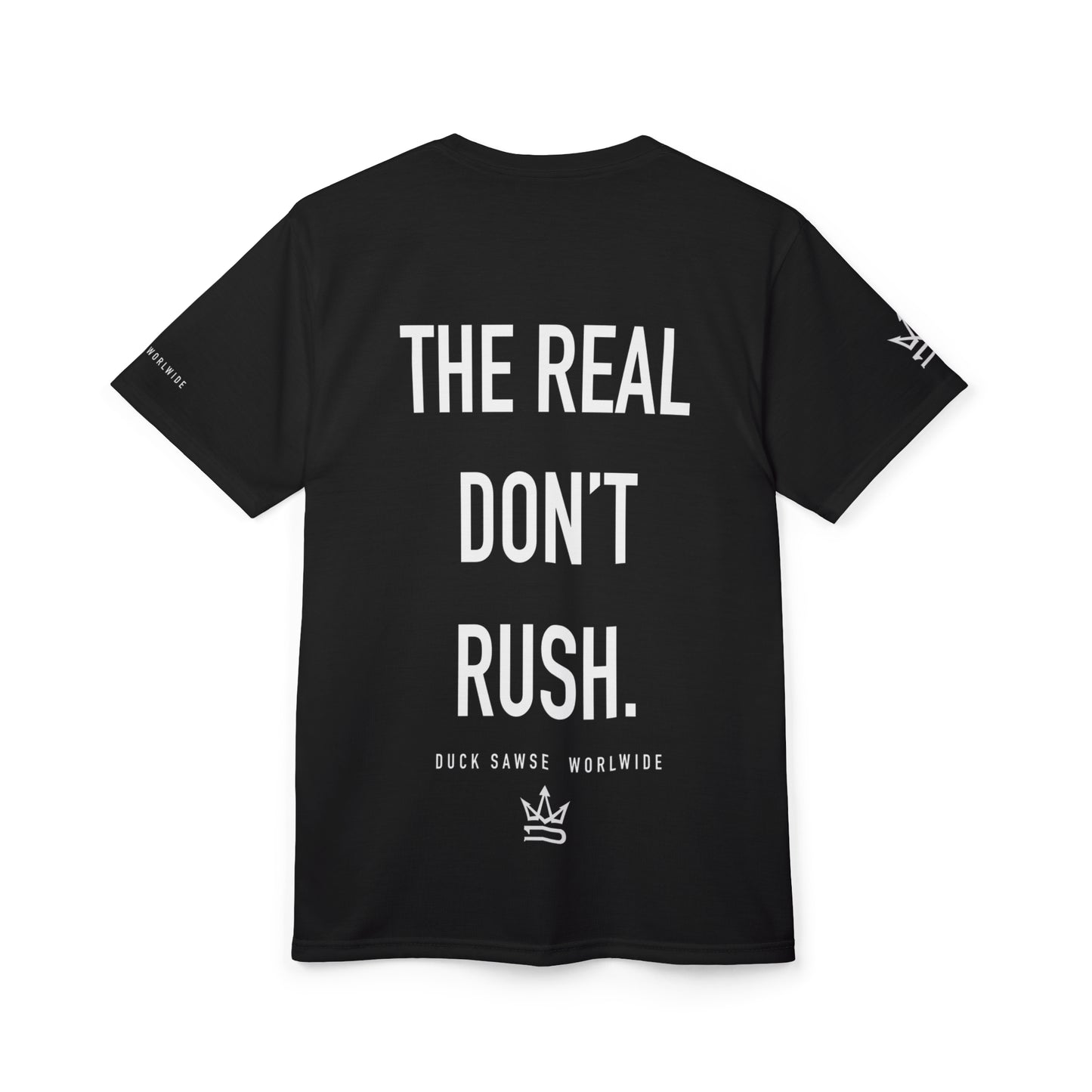Black Minimalist Tee — Subtle Chest Text "The Real Don’t Rush."